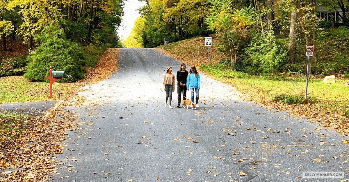 girls walking a dog