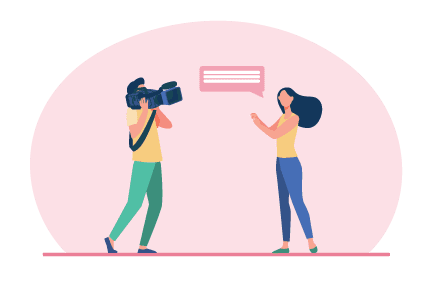 Camera crew making reportage. Journalist interviewing man while operator shooting flat vector illustration
