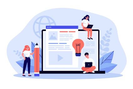 Blog authors writing articles. Freelance writers with laptops creating internet content