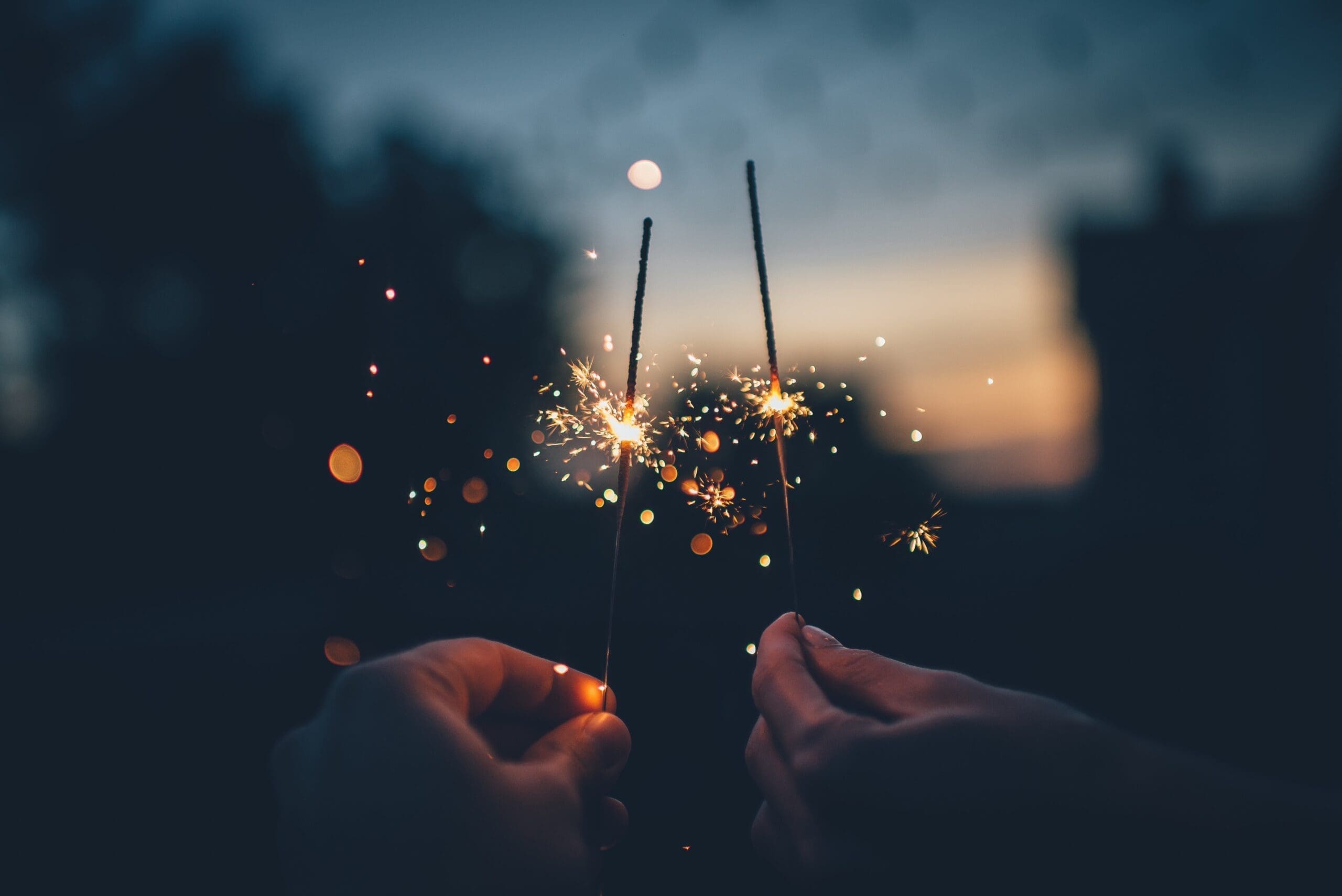 two hands hold fire sticks in front of a recent sunset as they reflect on this interoception year review