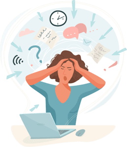 A woman holds her head and drawn icons, like a clock and a spiral, representing overload, surround her.