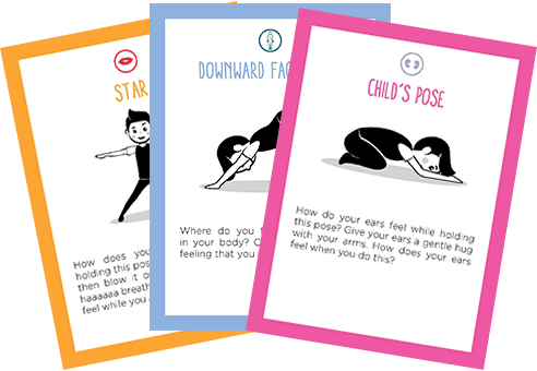 a collage of three yoga pose cards